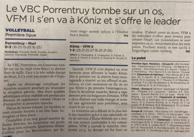 1ère ligue: Le VBC Porrentruy tombe sur un os, VFM II s'en va à Köniz et s'offre le leader