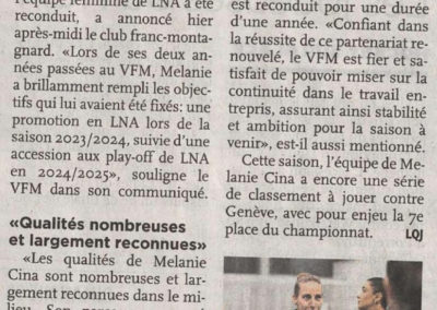 VFM: contrat reconduit pour Mélanie Cina