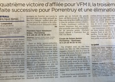 Volley 1re ligue: la quatrième victoire d'affilée pour VFM II, la troisième défaite successive pour Porrentruy et une élimination