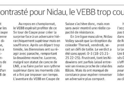 1re ligue: Week-end contrasté pour Nidau, le VEBB trop court en Coupe