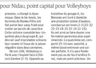 1re ligue: victoire au mental pour Nidau, point capital pour Volleyboys